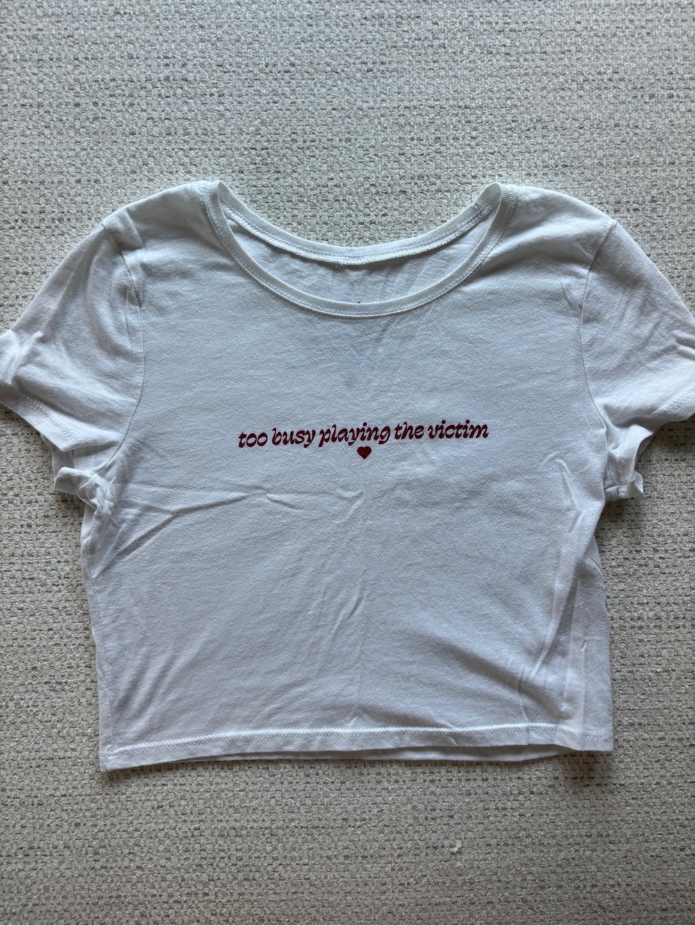 White Crop Tee with Red Script Graphic, Size XS/S